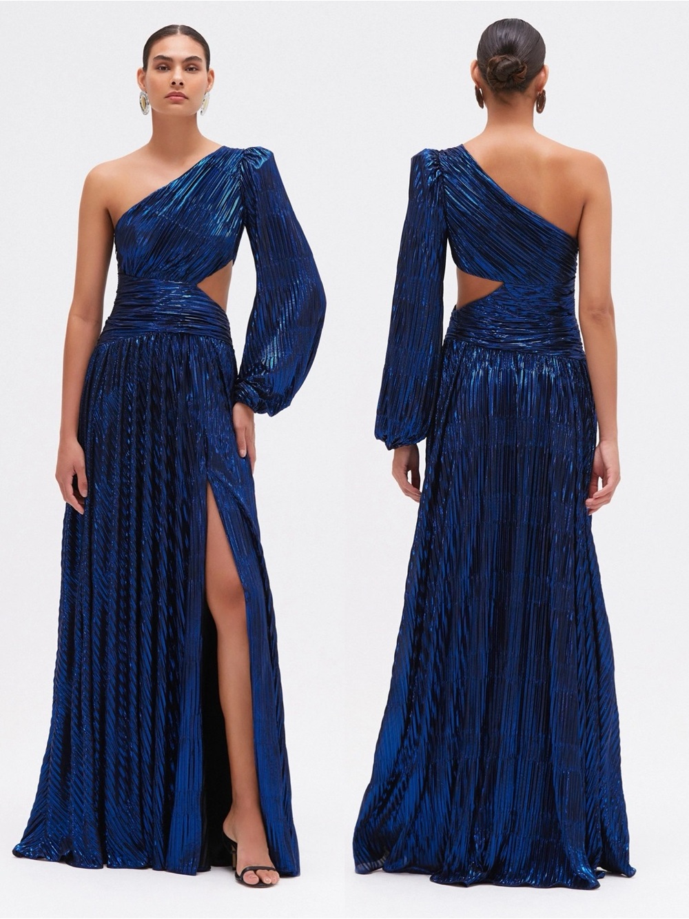 NEW NWT PatBO Metallic Plisse One Shoulder One Sleeve Maxi Gown Dark Blue Navy